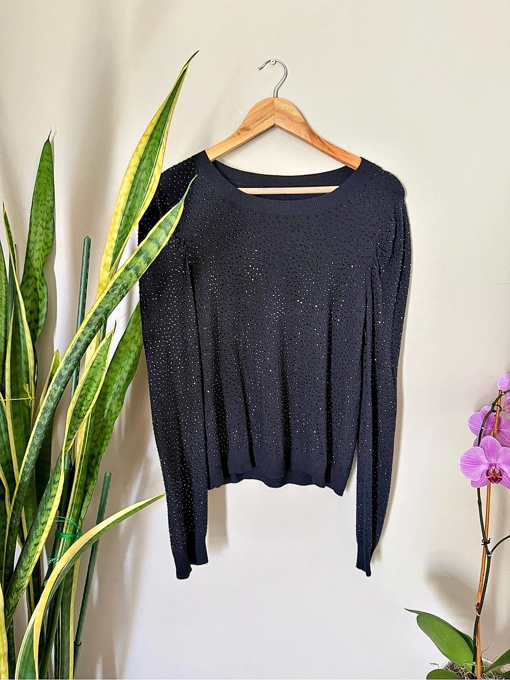 Alice + Olivia Black Textured Crew Neck Sweater Like New